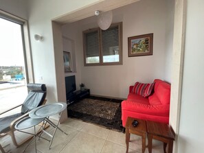 Smart TV, fireplace, books, printers