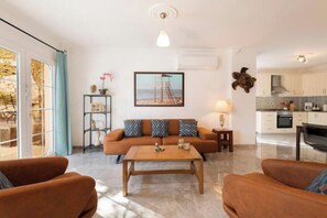 TV connectée, cheminée, livres