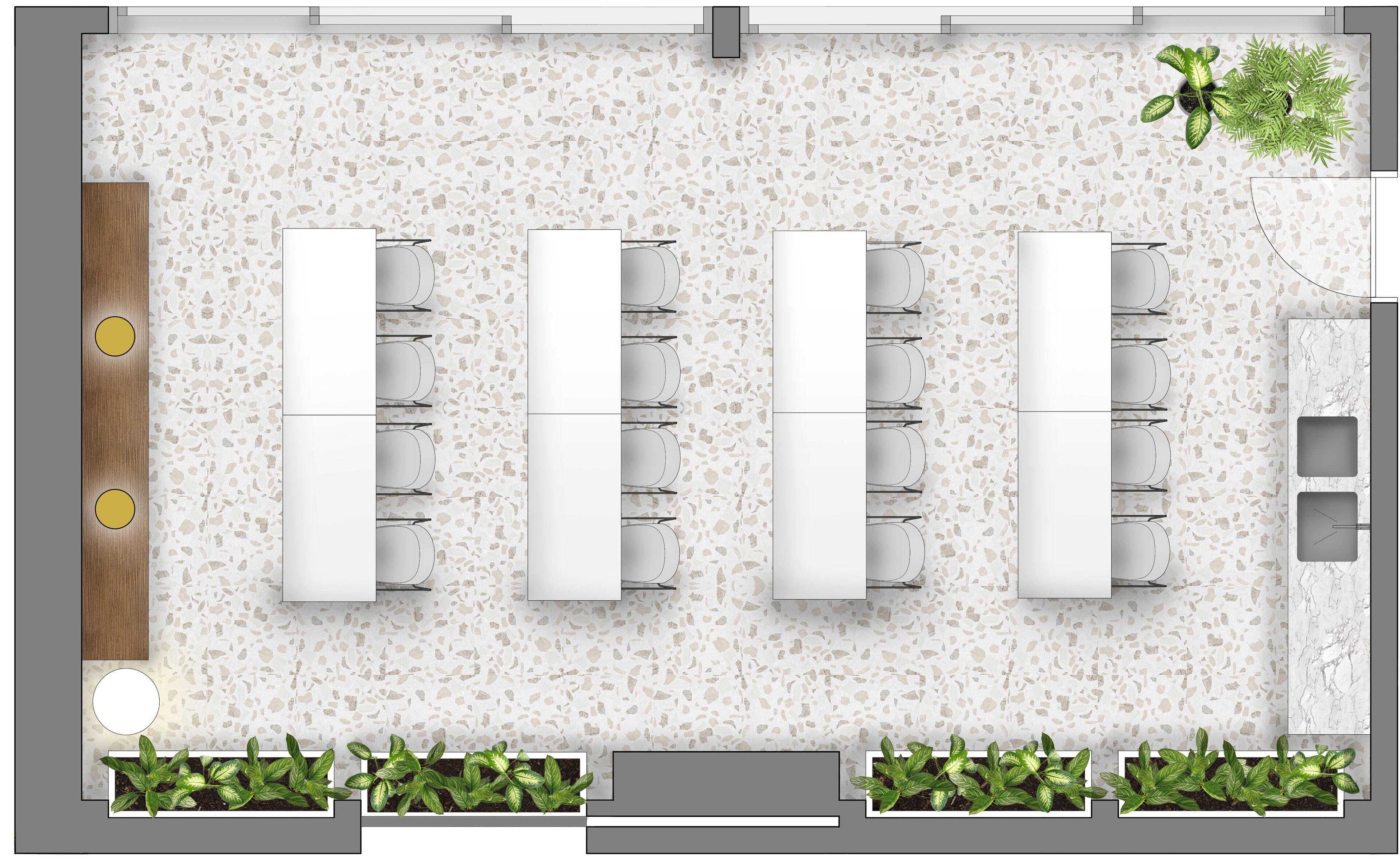 A floor plan of a conference room with four long tables, a wooden panel, and potted plants.