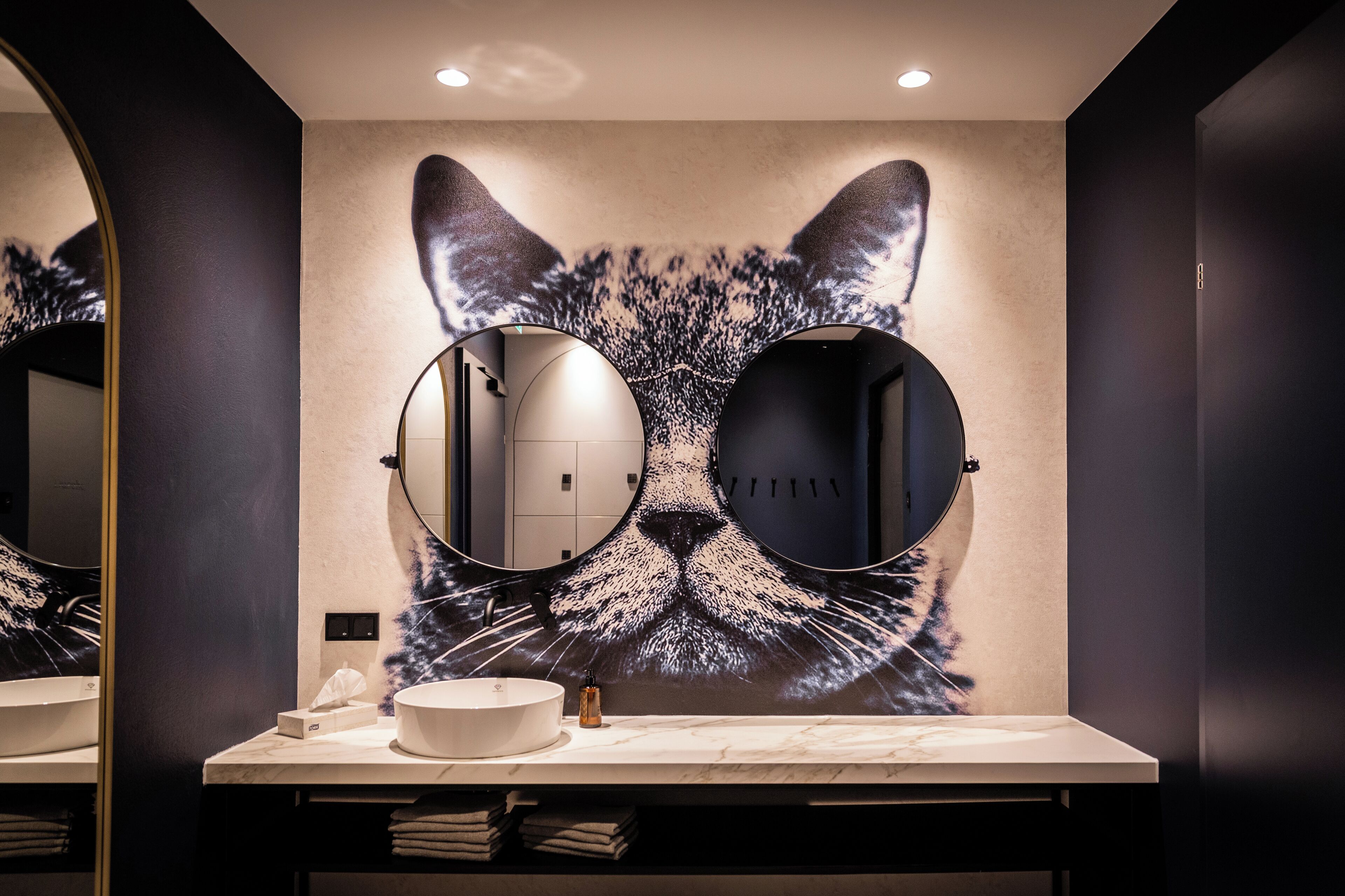 A bathroom with a large cat mural, two round mirrors, a white sink, and a towel rack.