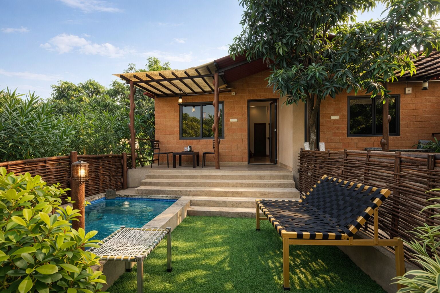 A poolside area with a pool, two lounge chairs, a pergola, and a brick building with a door.