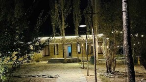 Ein Kiesweg führt zu einem Gebäude mit einer blauen Tür, umgeben von Bäumen und beleuchtet von Straßenlaternen.