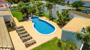 Una piscina con sillones de descanso, rodeada de palmeras y un deck empinado.