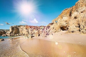 A beach with clear skies, rocky cliffs, and a seagull flying. - Casa Amendoeira Large Private Pool Wifi (Albufeira)