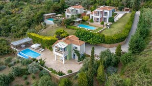 Il s’agit d’une propriété résidentielle dotée d’une piscine, de plusieurs maisons et d’une végétation luxuriante.
