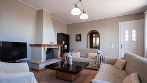 Ein Wohnzimmer mit Kamin, Fernseher und einer Couch.