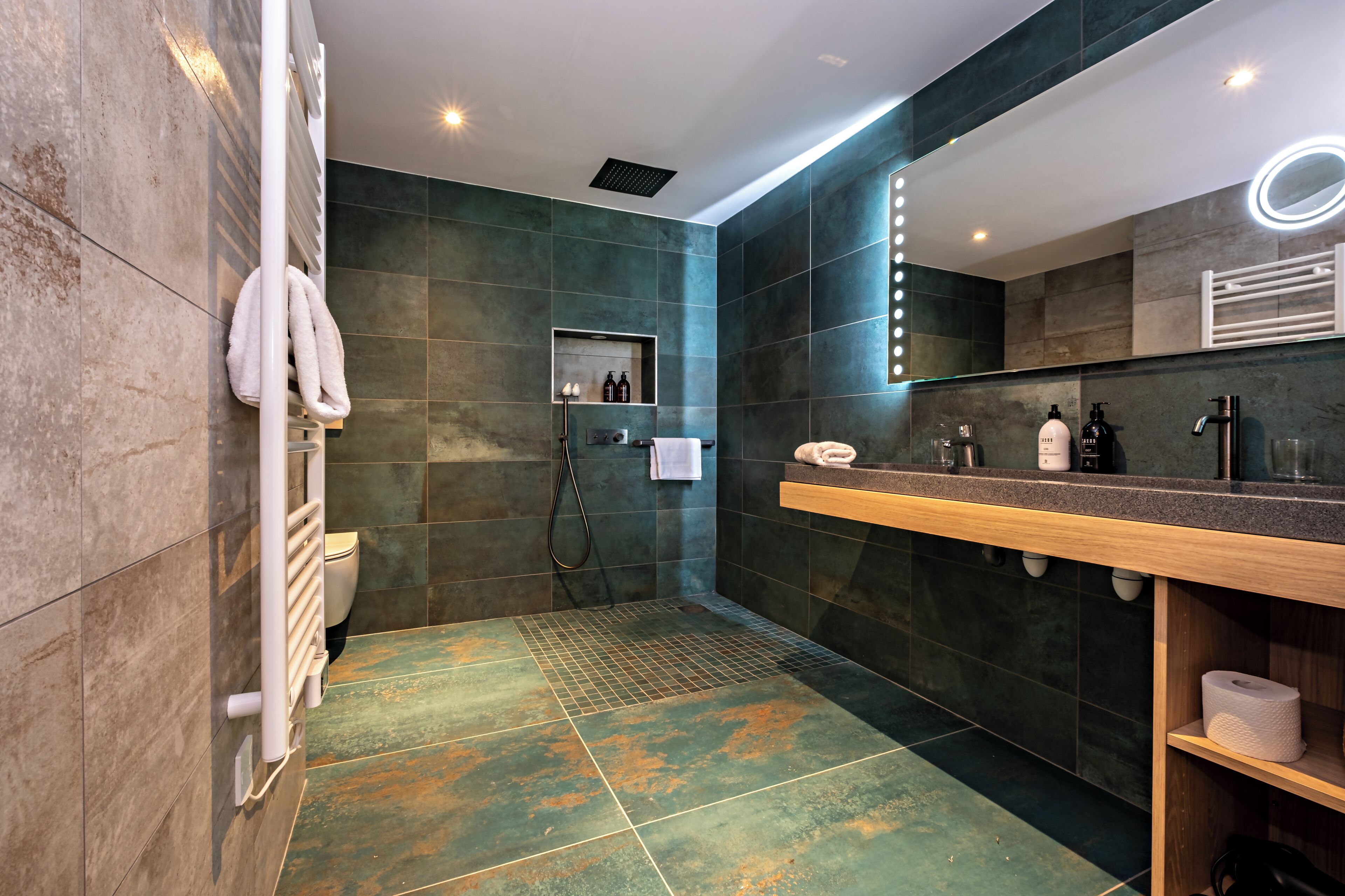 Een moderne badkamer met douche, toilet en wastafel.
