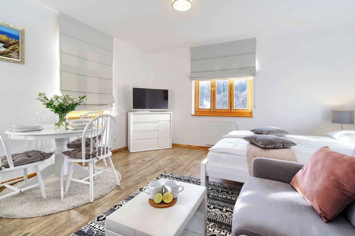 Una habitación moderna y bien iluminada con comedor, cama y televisor.
