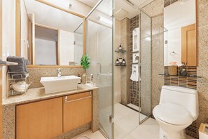 Hair dryer, towels, soap, shampoo