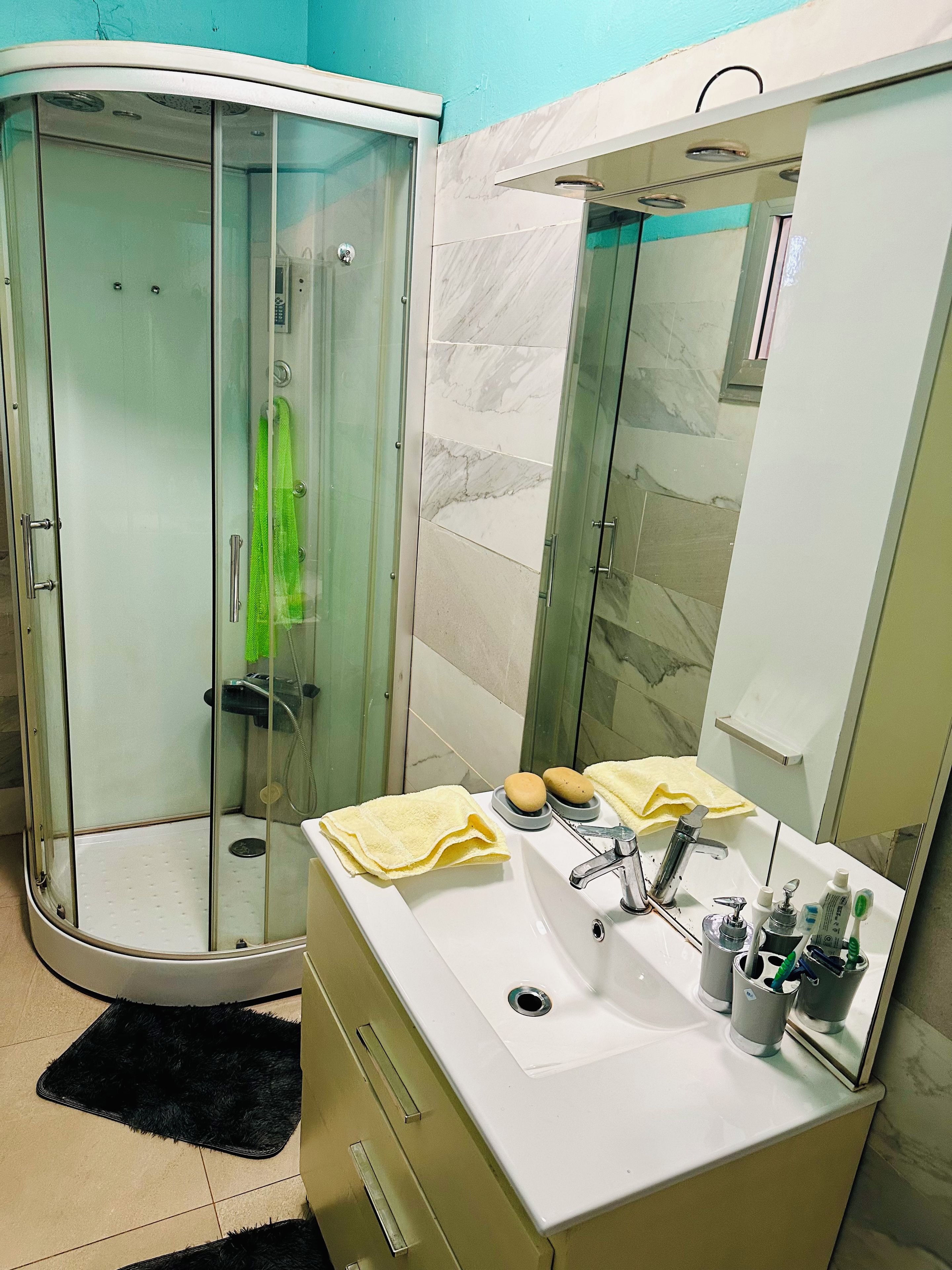 A bathroom with a glass-enclosed shower, a sink with toiletries, and a mirror.