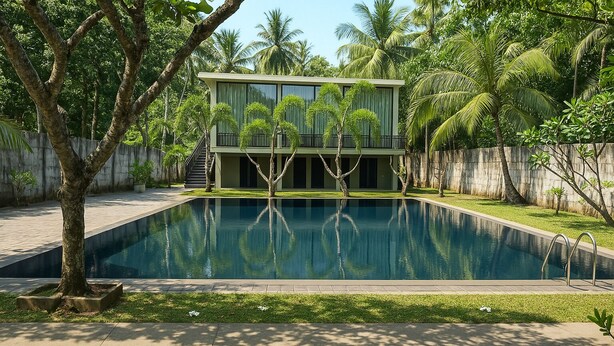 A modern house with a swimming pool surrounded by lush greenery and palm trees. - Moi Dambulla by DBI (Sigiriya)