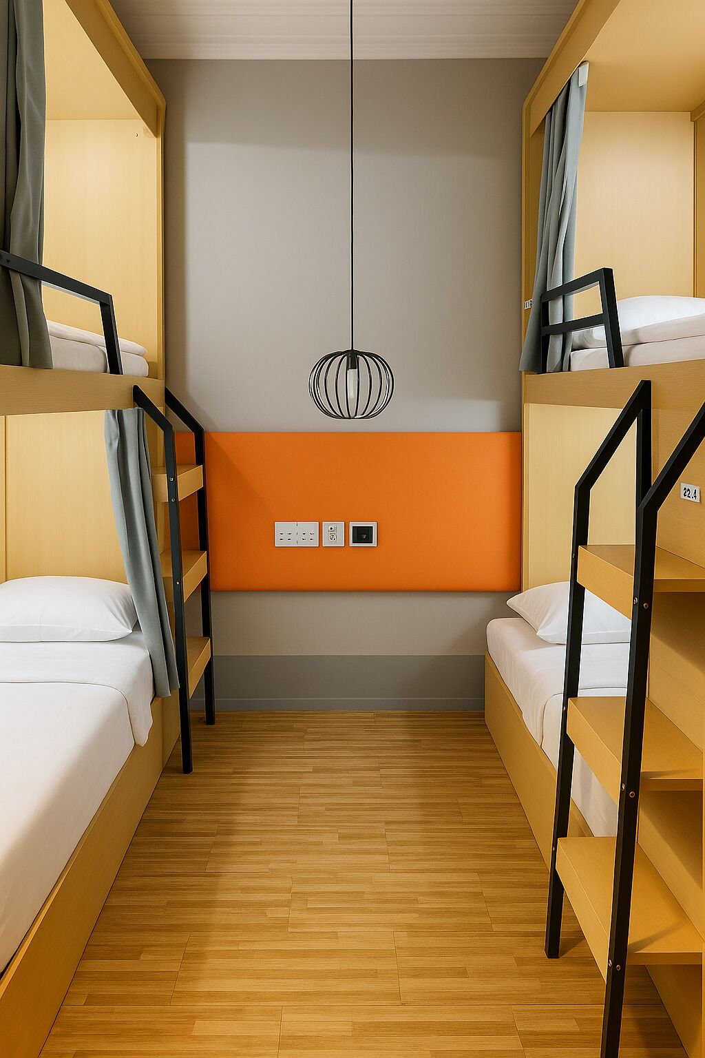 Un dormitorio con literas de madera, pared color gris y naranja, y una lámpara colgante.