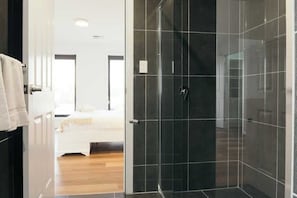 Shower, hair dryer, shampoo