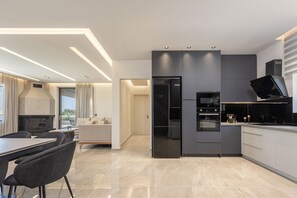 Fridge, microwave, oven, dishwasher