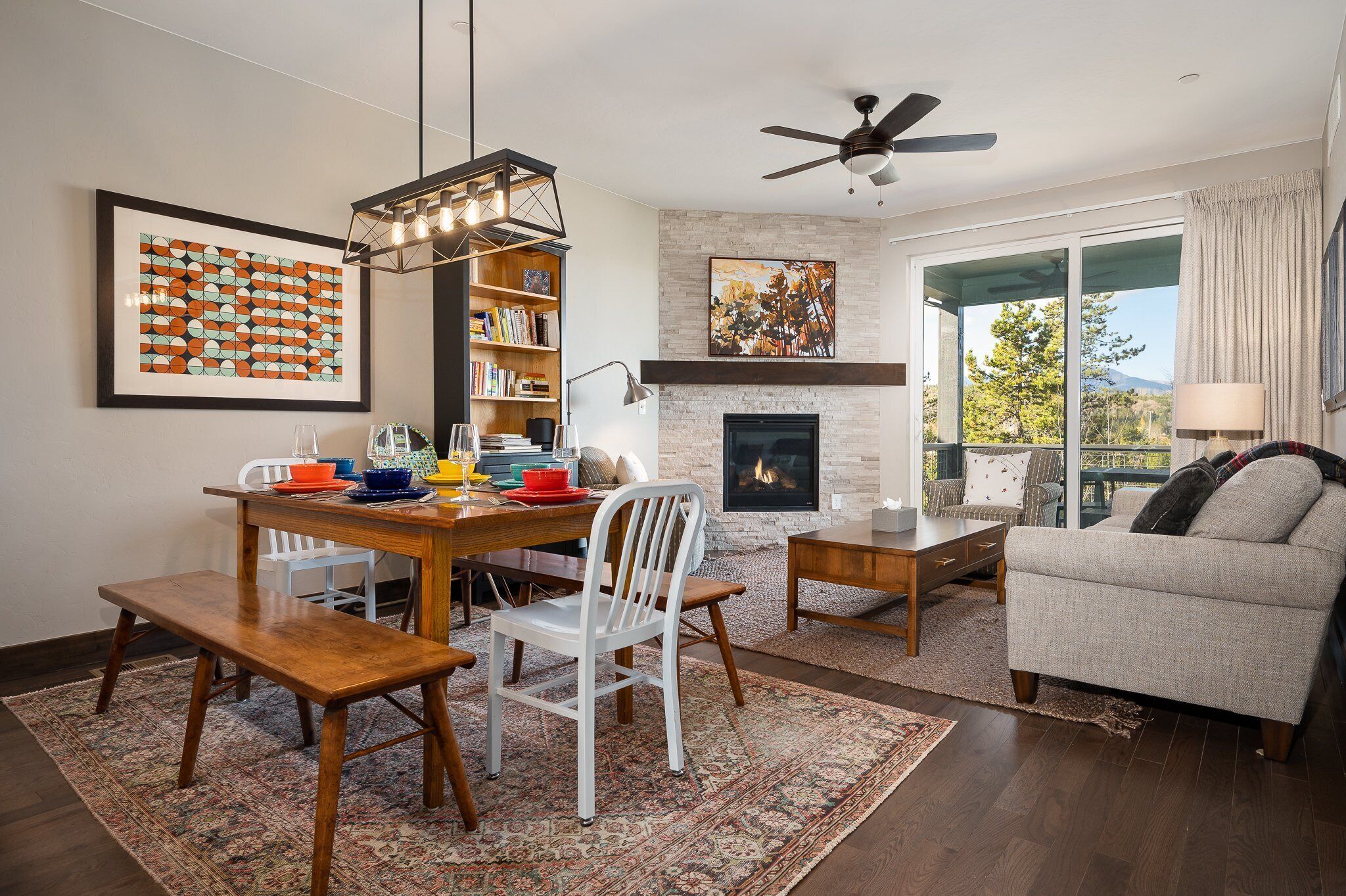 Smart TV, fireplace, books