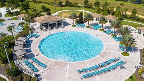 A large circular pool with lounge chairs and umbrellas, surrounded by palm trees and a covered area with a roof. - Family townhome near Disney w/ resort access (Davenport)