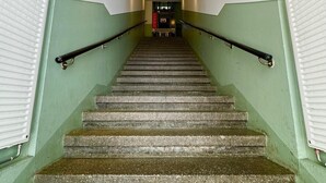 A staircase with handrails, leading to a door at the top.