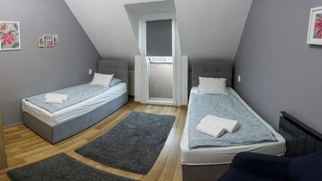 A bedroom with two single beds, a skylight, and a view of the sky.