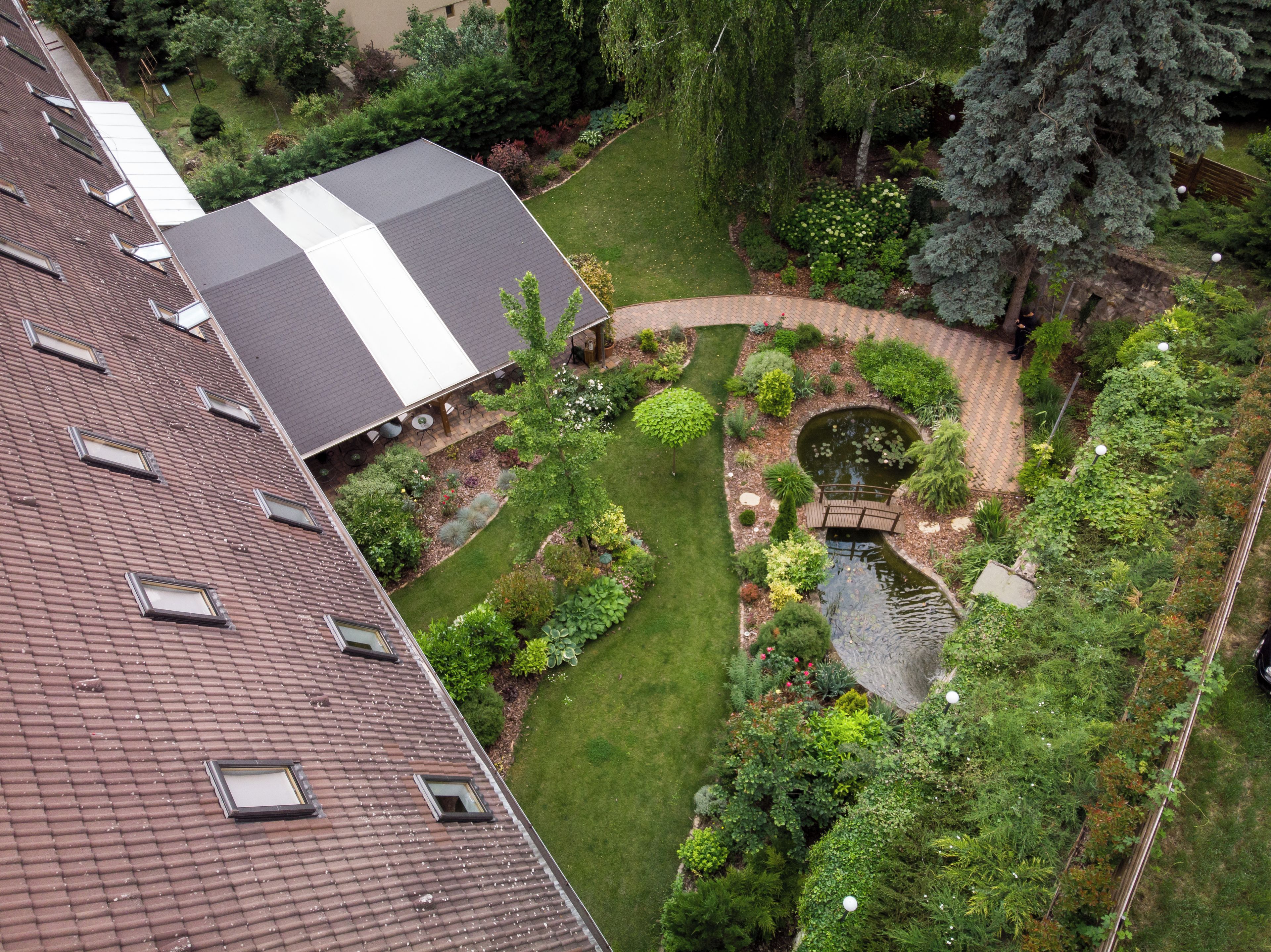 A rooftop garden with a pond, a small bridge, and a variety of plants and trees.