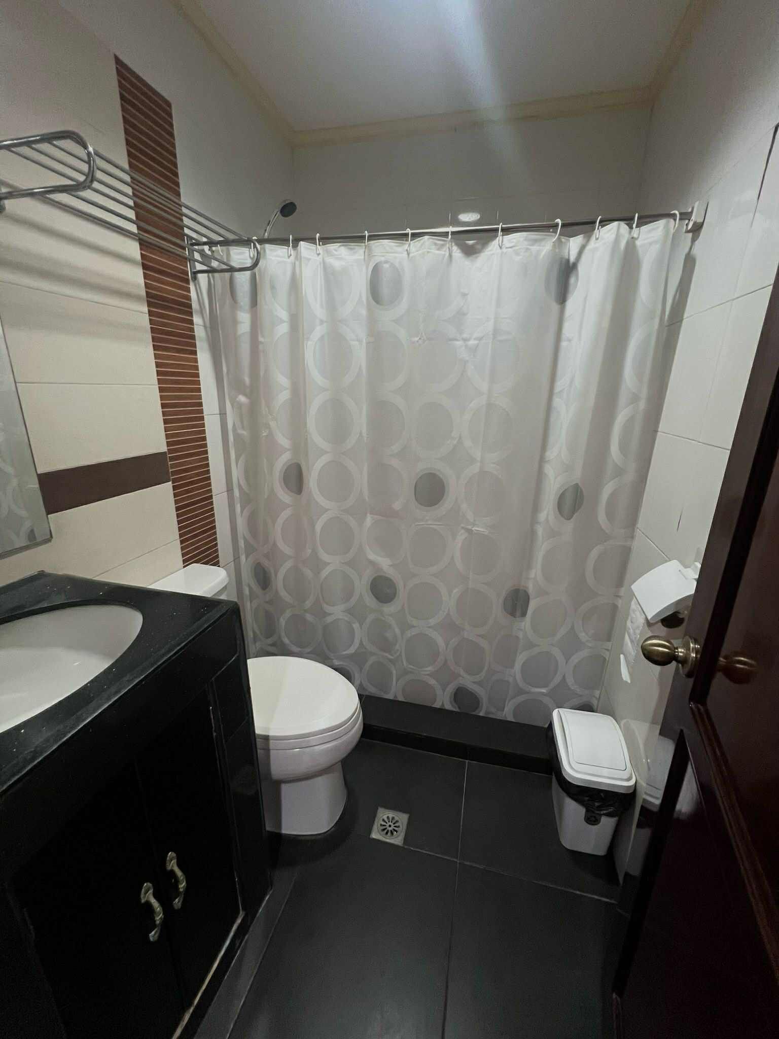 Un baño pequeño con inodoro, lavabo y cortina de ducha.