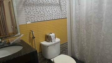 Un bany amb vàter, rentapel i cortina de dutxa.