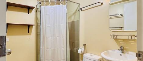 Un baño con inodoro, lavabo, ducha y espejo.