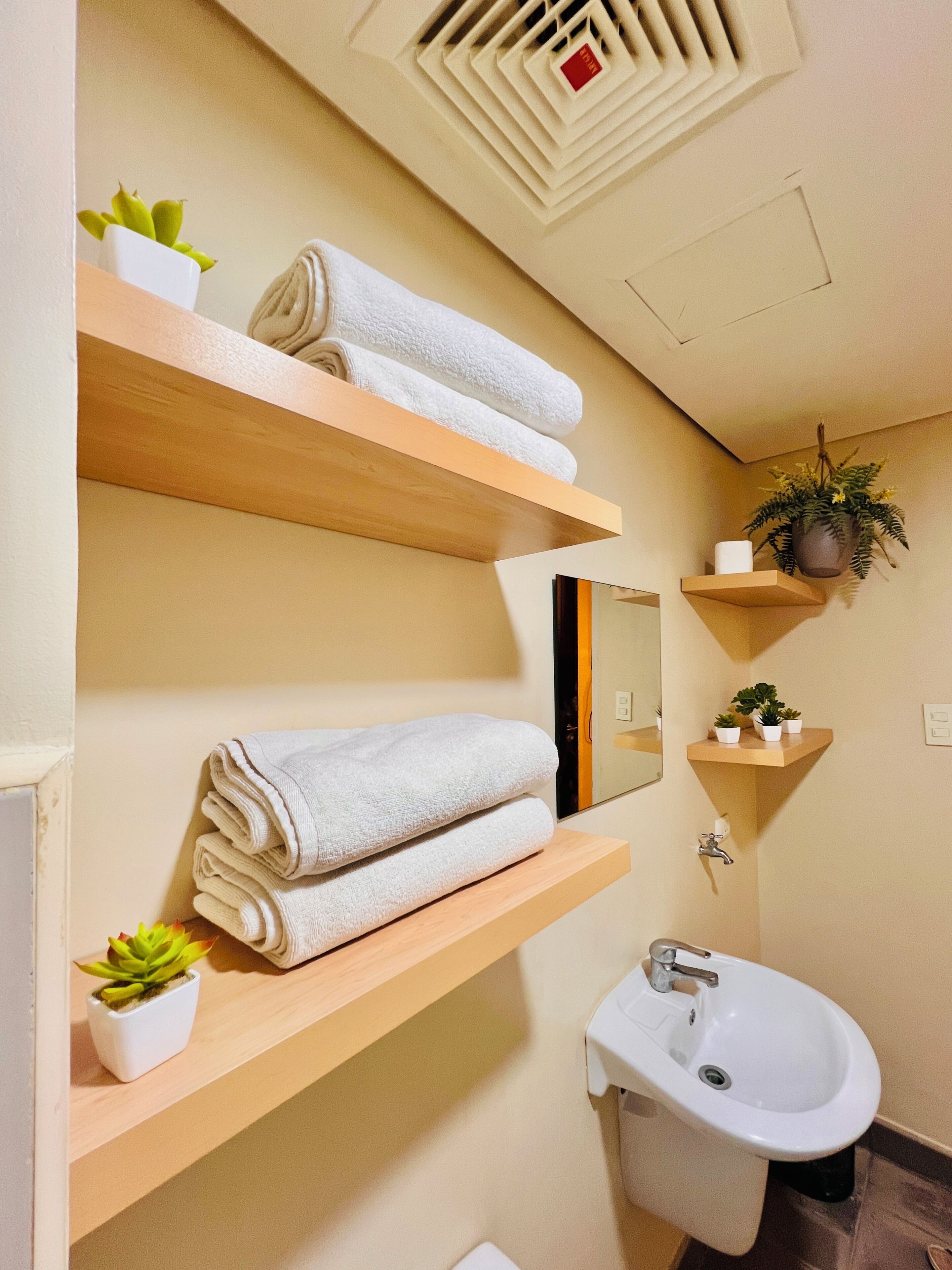 Un baño con estantes de madera que sostienen toallas y plantas en macetas, un lavamanos y un espejo.