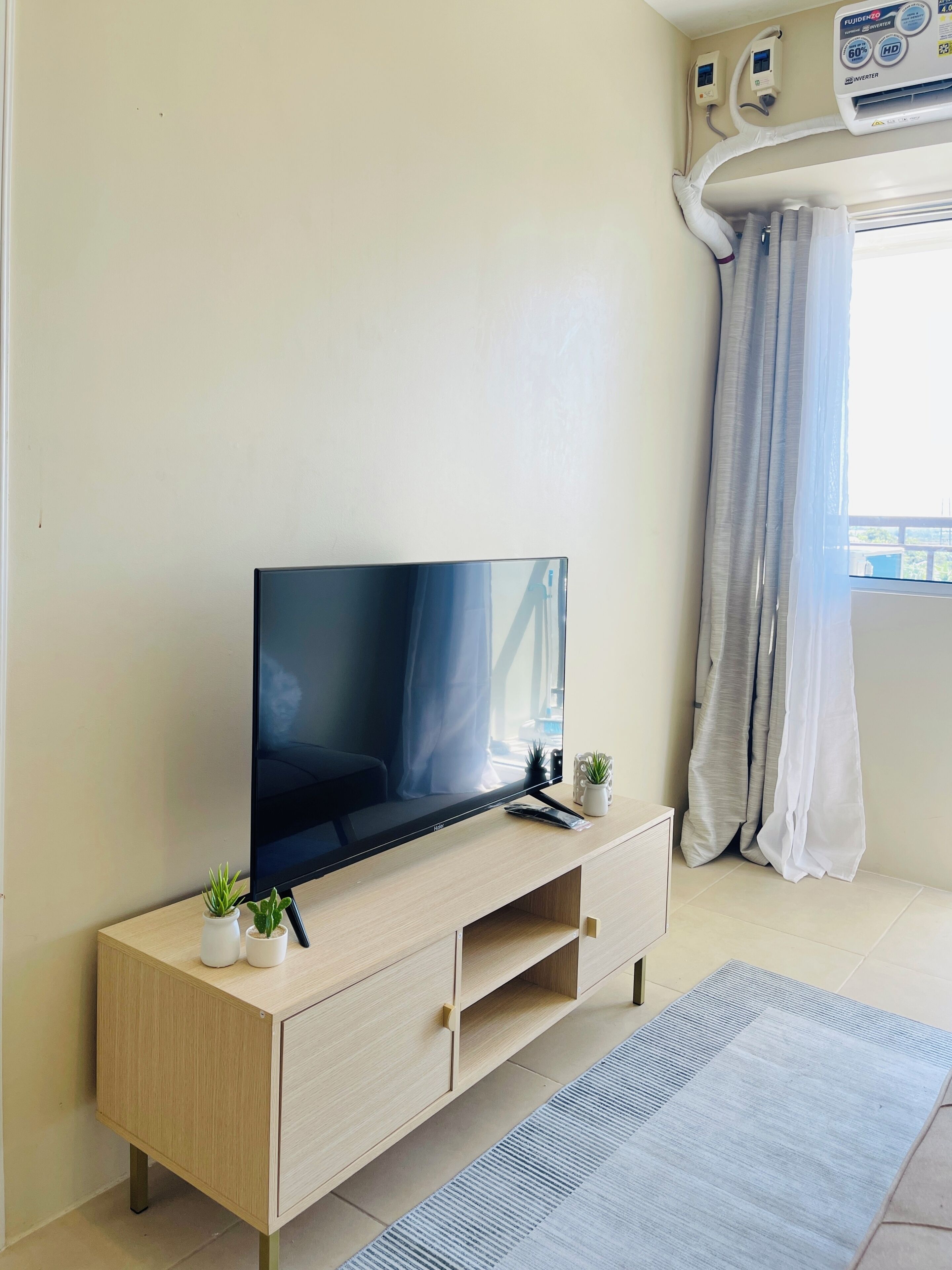 A modern living room with a flat-screen TV on a wooden TV stand, a small potted plant, and a window with curtains.
