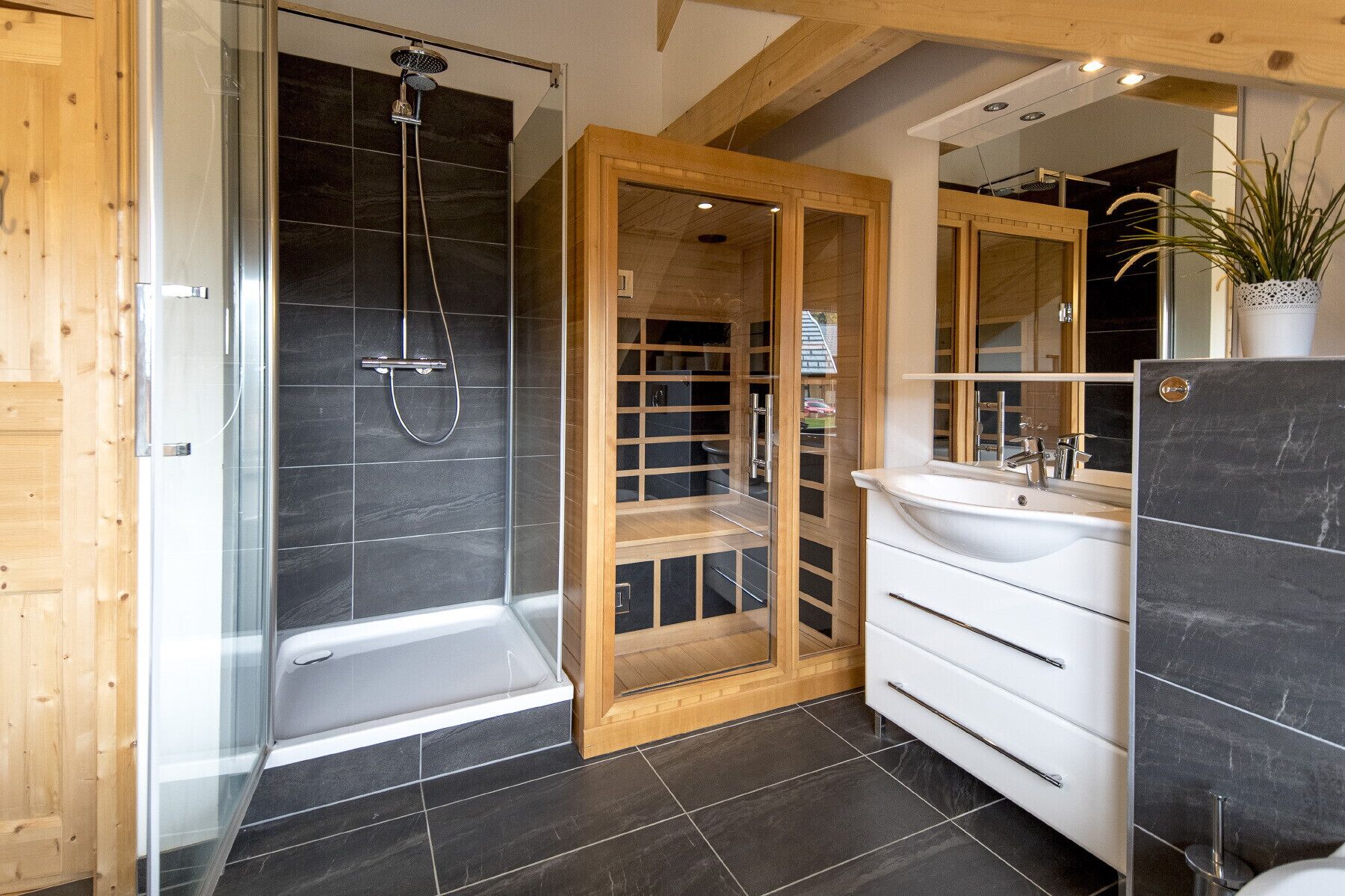 Een moderne badkamer met een douchecabine van glas, een wit wastafelmeubel met spiegel, en donkere betegelde vloer.