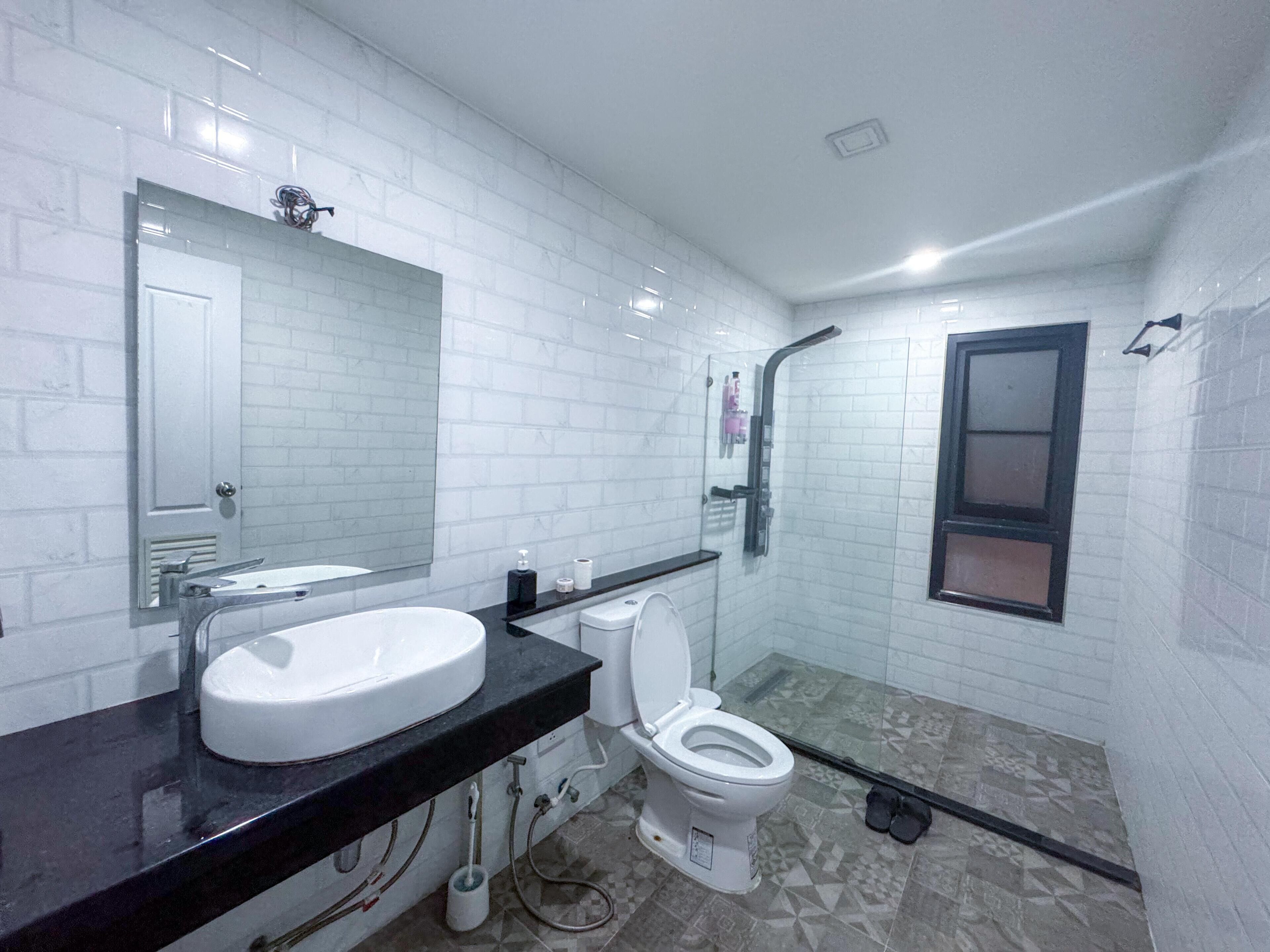 Hair dryer, slippers, towels, soap