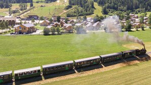 Un trajet pittoresque en train à travers une région montagneuse, avec un village au premier plan et une colline boisée en arrière-plan.