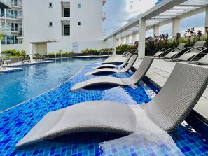 Outdoor pool, pool loungers