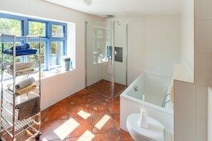 Douche, séchoir à cheveux, serviettes fournies