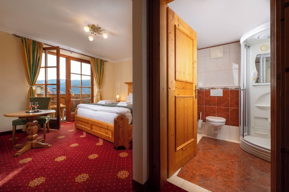 Une chambre d’hôtel comprenant un lit, un bureau avec une chaise, une armoire en bois, une salle de bain avec douche et une vue sur les montagnes par la fenêtre.