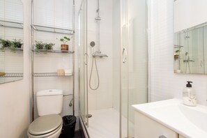 Bathroom features a glass-enclosed shower, toilet, sink, and storage for toiletries.