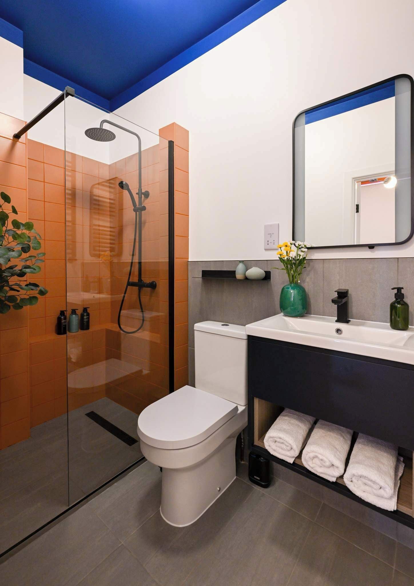 Shower, hair dryer, towels, shampoo
