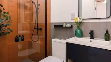 Shower, hair dryer, towels, shampoo