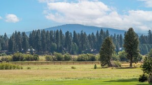 Paisaje rural con una montaña al fondo, una valla de madera y algunos árboles.