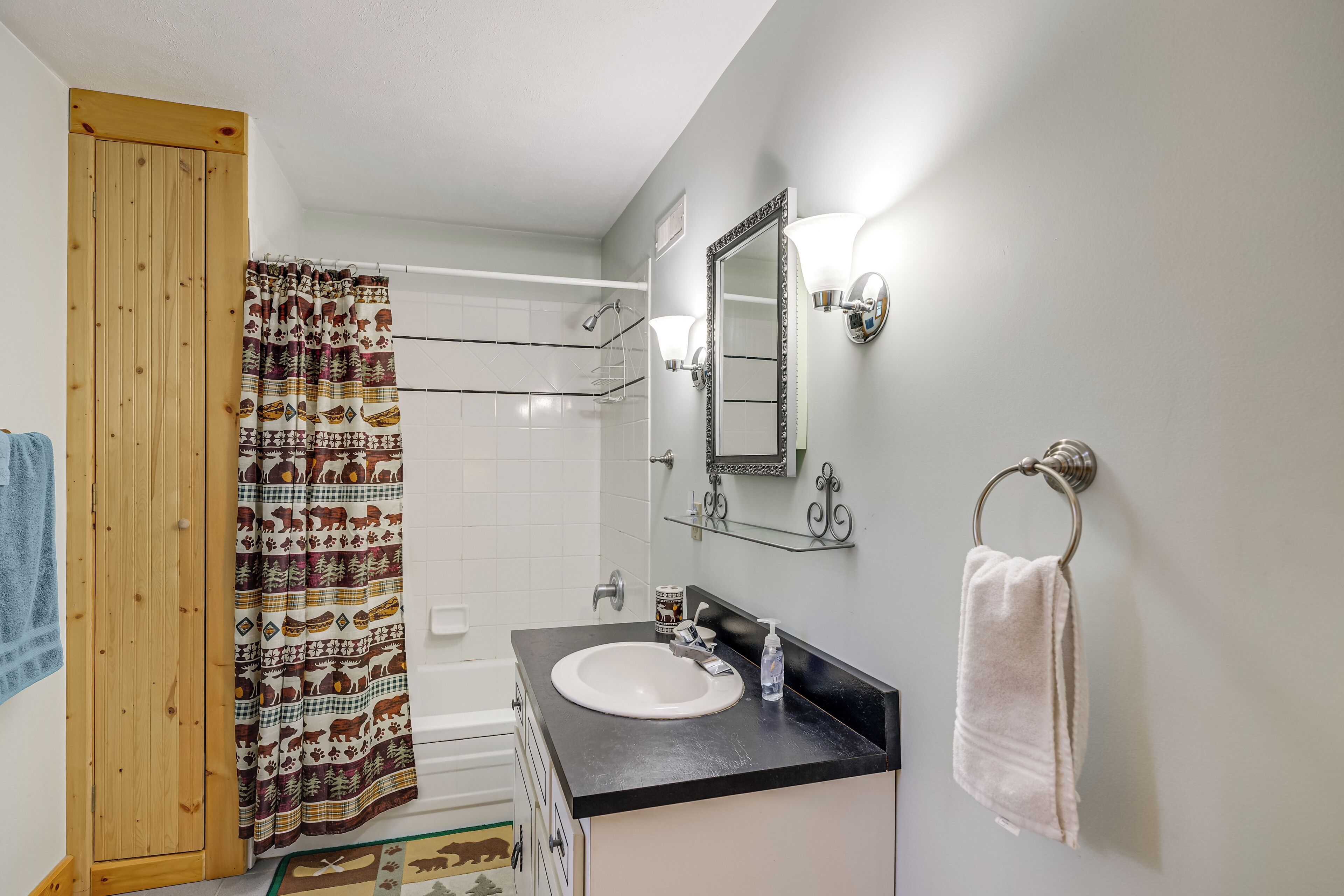 A bathroom with a wooden door, a shower curtain with animal prints, a white sink, a mirror with lights, and a towel rack.