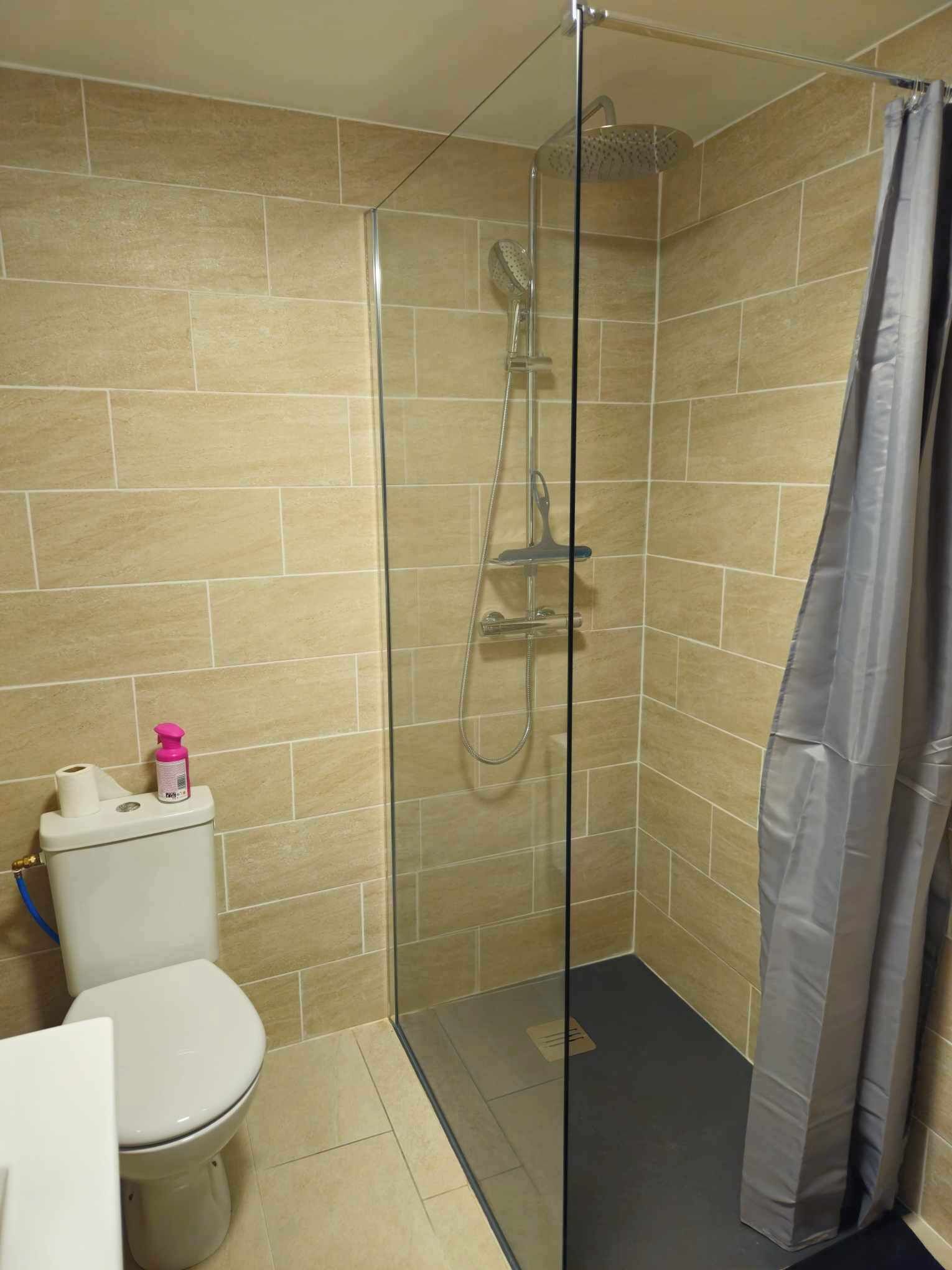 A glass-enclosed shower with a handheld showerhead, a toilet, and a shower curtain.