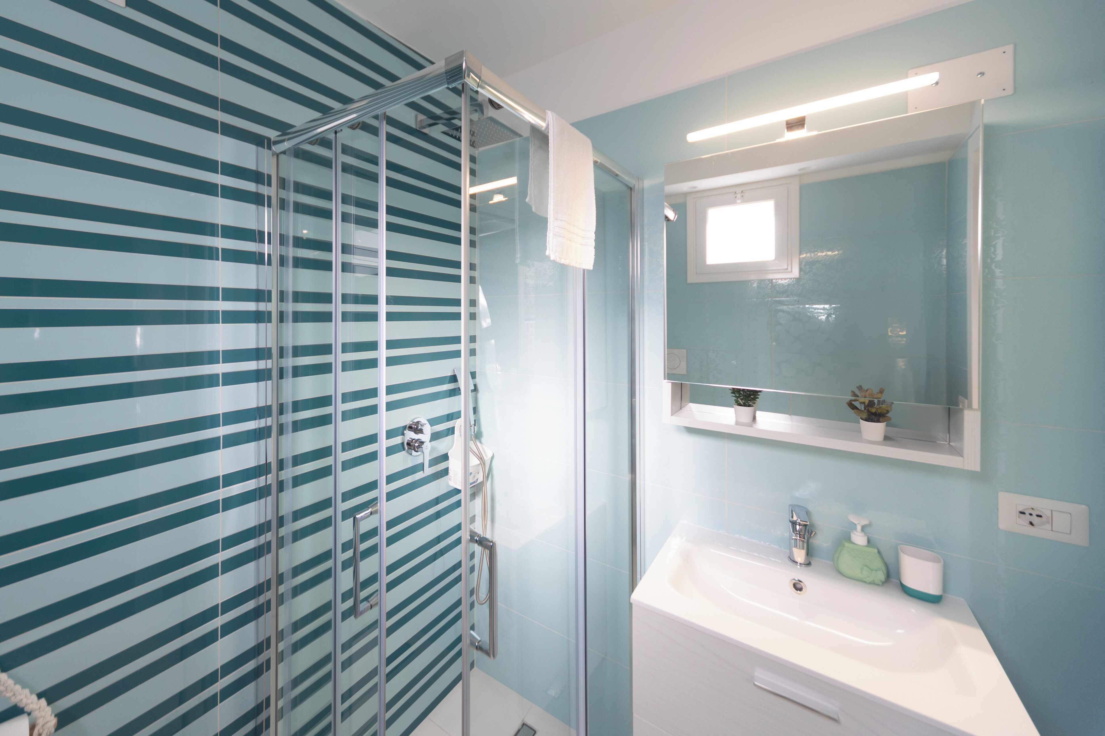 Une salle de bain avec une douche à parois de verre, un lavabo blanc avec un miroir au-dessus, et une petite étagère sur laquelle est posée une plante.