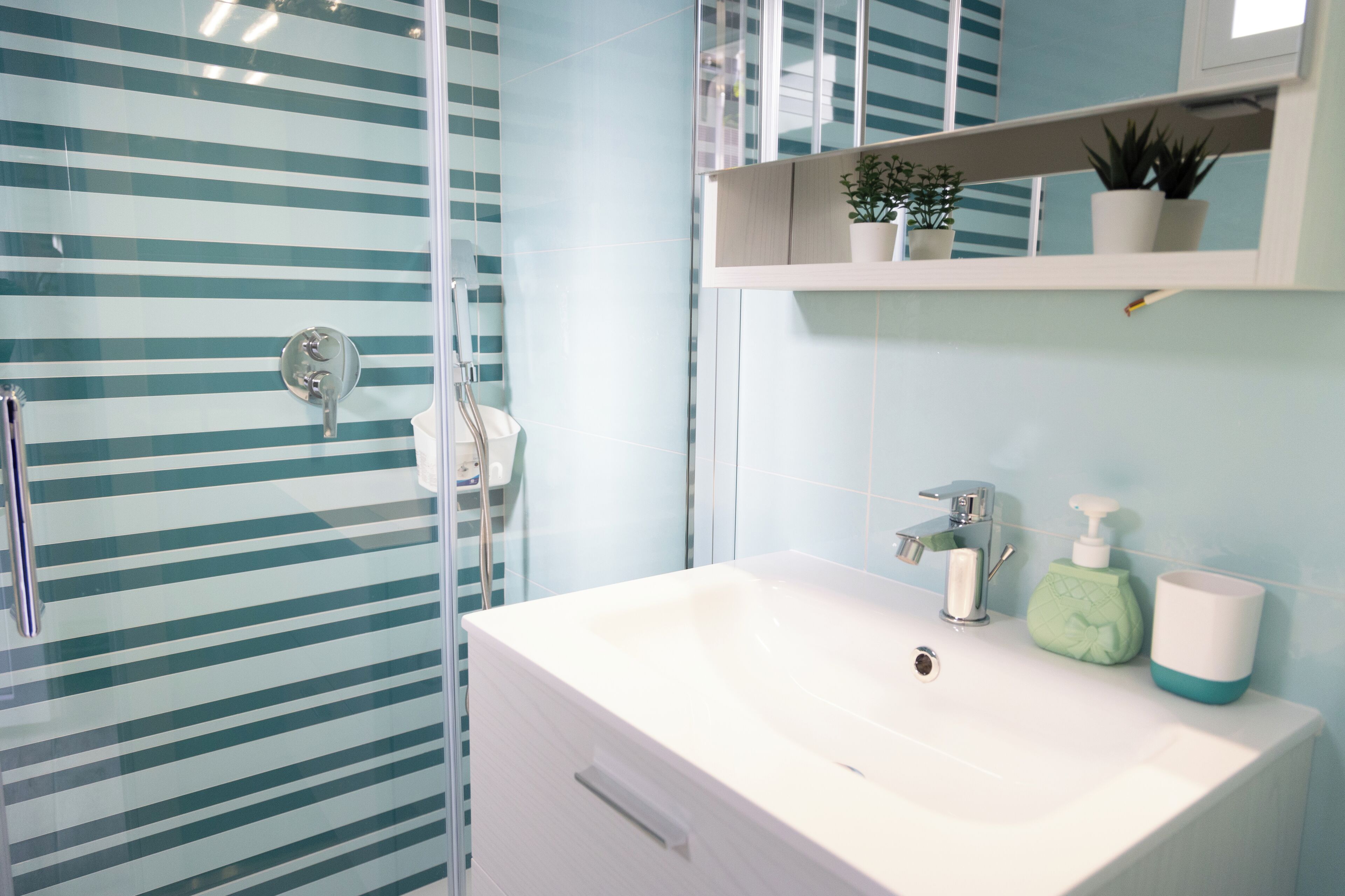 A bathroom with a glass shower enclosure, a white sink with a mirror above it, and a shelf with potted plants.