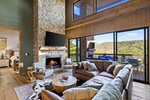 Smart TV, fireplace, books