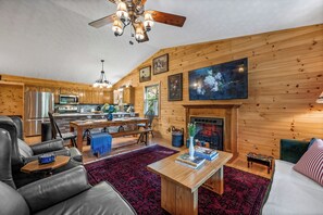 Smart TV, fireplace, books