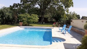 A rectangular swimming pool with a tiled deck, surrounded by trees and a grassy area.