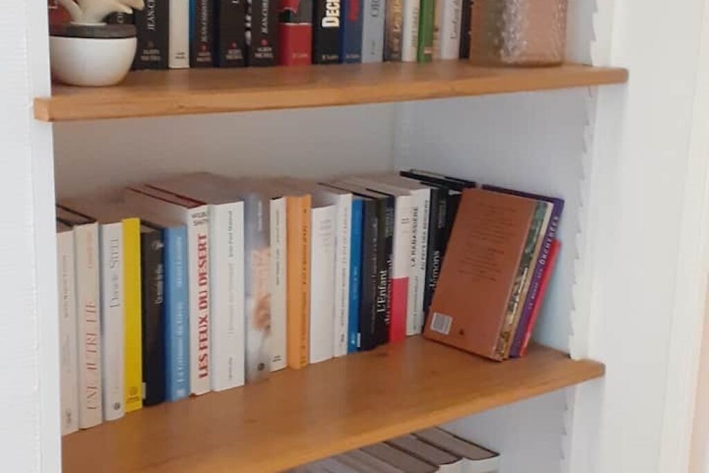 Een boekenplank met verschillende boeken, een klein schaaltje en een decoratief object.
