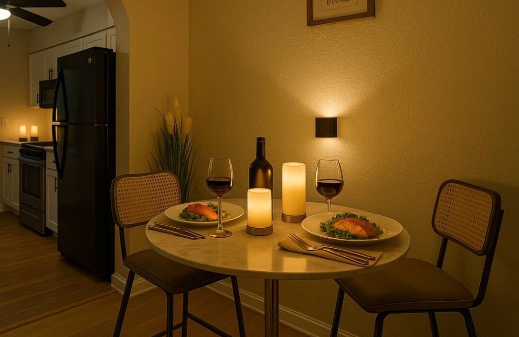 Un'area pranzo con un tavolo rotondo, due sedie, due candele e due bicchieri da vino.