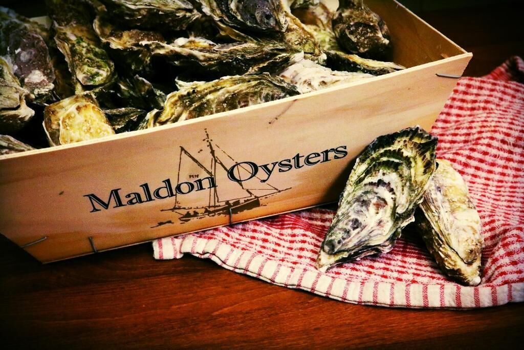 Puuastia, jonka kylkeen on kirjoitettu teksti ”Maldon-osterit”, on täynnä ostereita ja se on asetettu punavalkoruutuisen liinan päälle.
