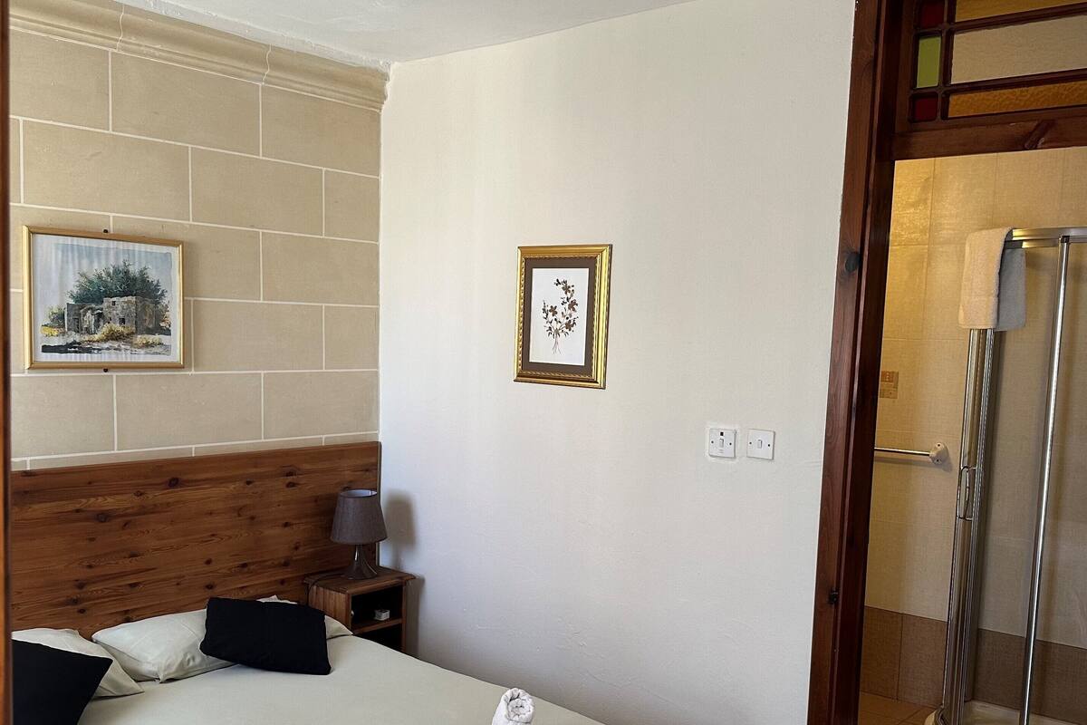 A hotel room with a bed, a nightstand, a framed picture, and a shower area.