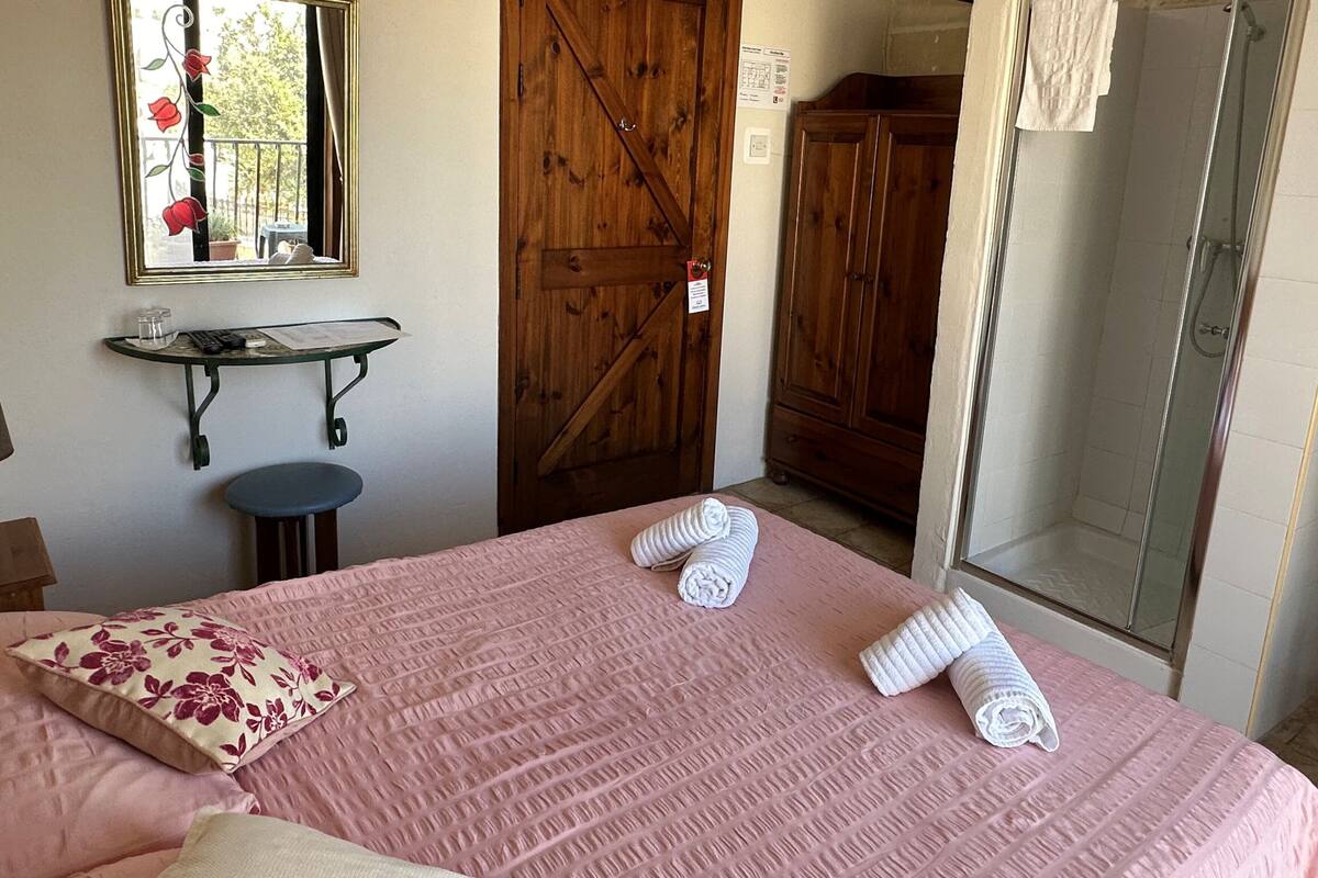 A bedroom with a bed, a desk with a chair, a wooden wardrobe, and a glass shower enclosure.